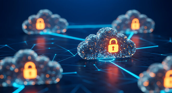 Secure Cloud Network: Illustrative representation of data protection and cloud computing security, with a network of interconnected clouds featuring prominent padlock icons.