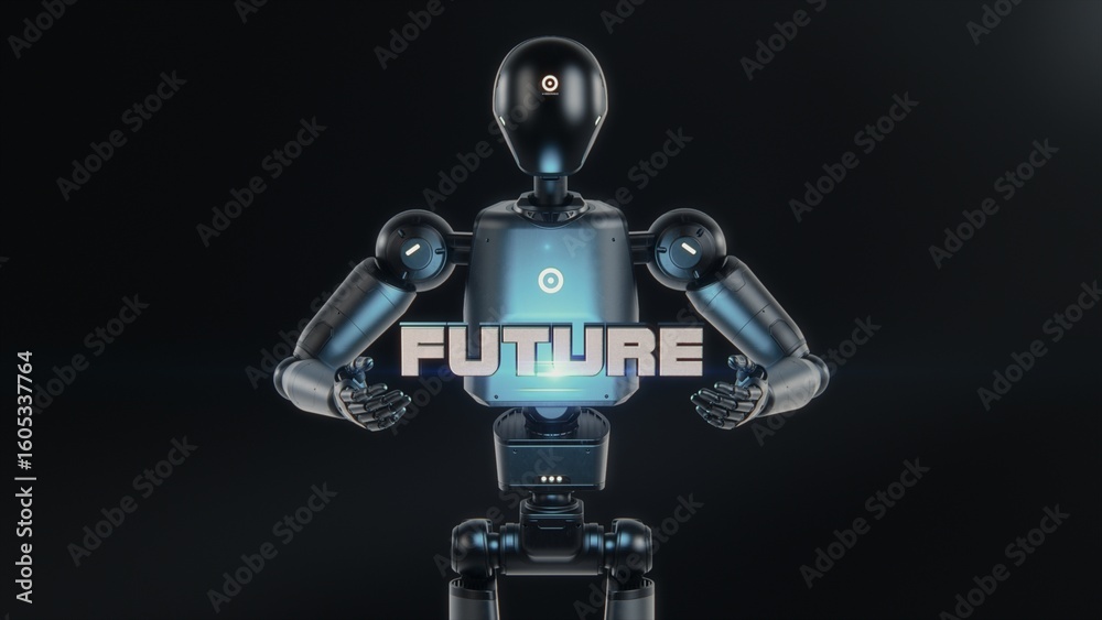 Fototapete Visualization of Advanced Humanoid Robot Showing Floating Future Inscription in High-Tech Environment. Abstract and Futuristic Artificial Intelligence Technology Concept. Visual Effects Animation.