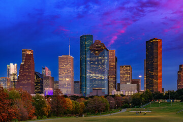 Beautiful view of Houston City illuminated at night in Houston, Texas, USA.
