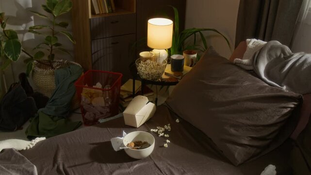 No people high angle shot of unmade bed with snacks, cluttered side table and overflowing bin in messy bedroom