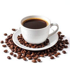 Coffee in white cup surrounded by beans