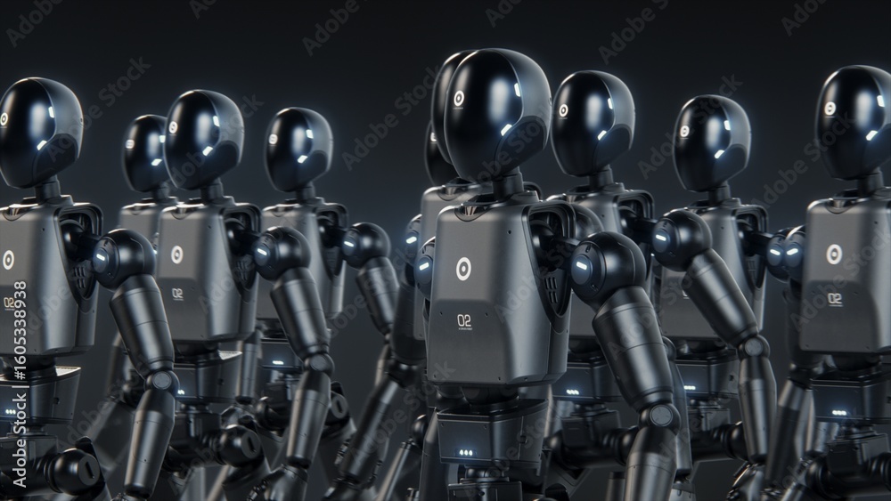 Fototapete Visualization of Army of Advanced Humanoid Robots Marching Together Synchronously Across Dark Futuristic Space. Artificial Intelligence, Robotics and Cybernetics Concept. Visual Effects Animation.
