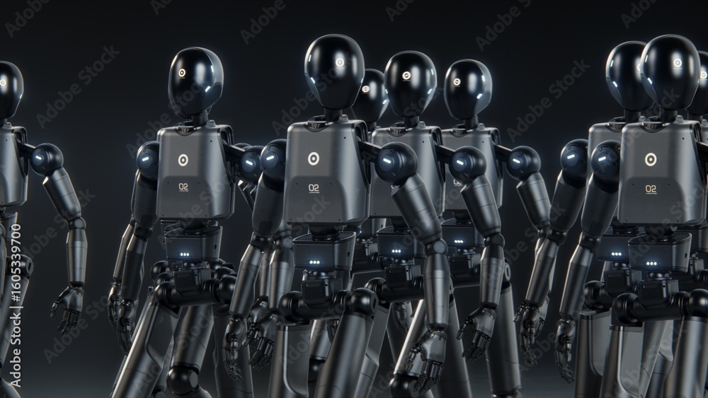 Fototapete Visualization of Army of Advanced Humanoid Robots Marching Together Synchronously Across Dark Futuristic Space. Artificial Intelligence, Robotics and Cybernetics Concept. Visual Effects Animation.