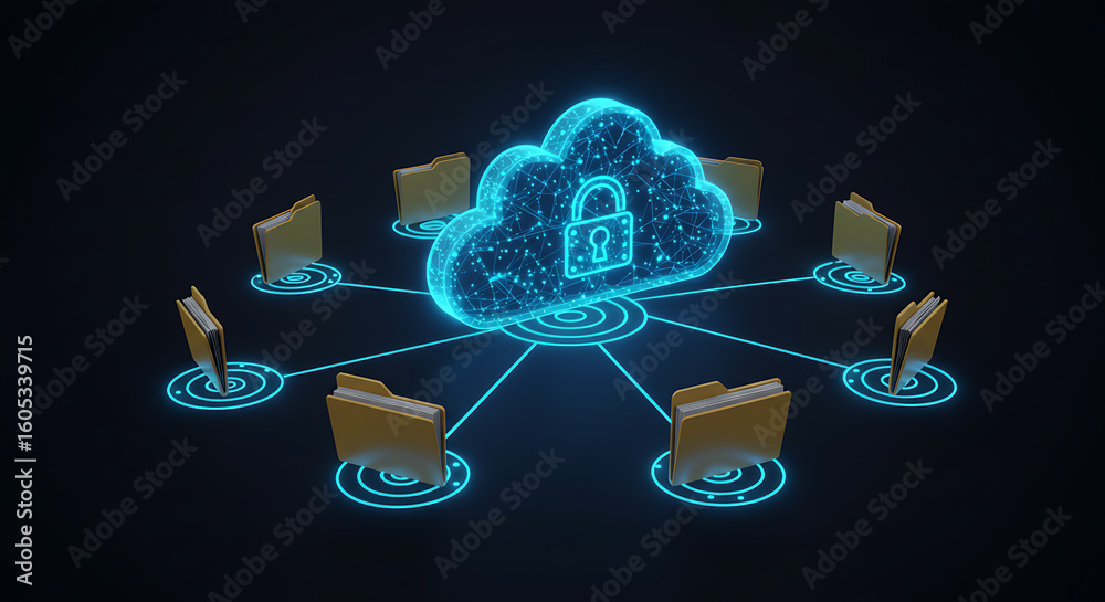 Poster digital fortress: a cloud-based digital lock symbolizing data security, connecting multiple folders 