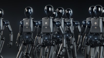 Visualization of Army of Advanced Humanoid Robots Marching Together Synchronously Across Dark...