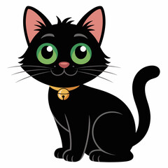 Obraz premium Black cat with green eyes and bell collar cartoon illustration
