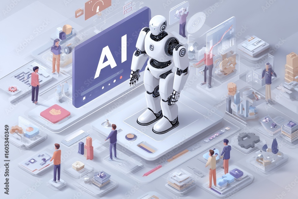 Poster robotic figure interacts with virtual environment showcasing artificial intelligence and automation 