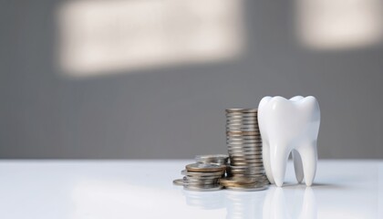 Dental care costs concept. White tooth model beside stack of coins on glossy surface. Soft shadows suggest financial planning for treatment, insurance, and dental bills.