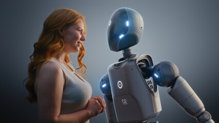 Futuristic Human-Machine Collaboration Concept: Visualization of Young Woman Looking Tenderly at...