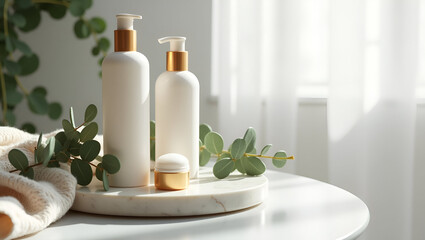 Elegant bottles of lotion and moisturizer set on a marble surface with sprigs of eucalyptus and knitted cloth.