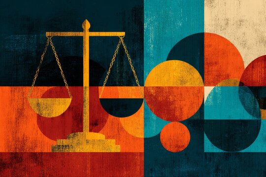 Abstract representation of justice balanced with vibrant colors and shapes in a visually striking composition