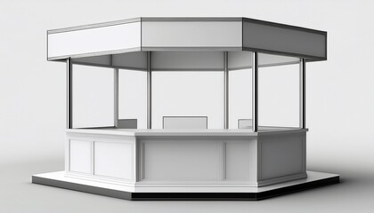 advertising white booth stand isolated on white background realistic blank stall rack or counter 3d promotional desk with signboard top empty promo table portable kiosk