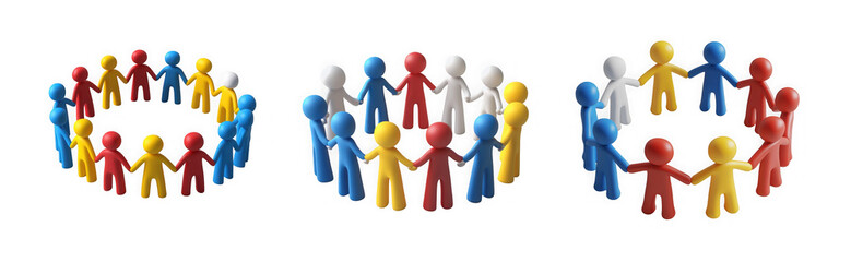 Colorful group of small figures forming circles representing community and connection isolated on transparent background