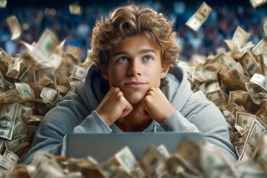 Young man with curly hair and blue eyes looks contemplative while resting chin on hands. Surrounded by stacks of money in a vibrant setting. Concept of finance, ambition, wealth