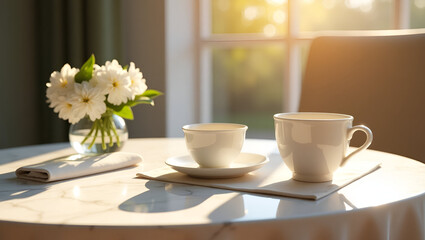 Fototapeta premium Elegant table setting with flowers and tea cups, illuminated by sunlight, creating a serene atmosphere.
