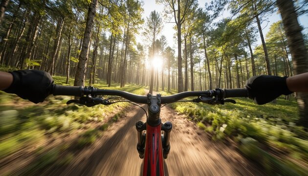 First-person view of downhill mountain biking through sun-dappled forest trail. Experience thrill of speed, adventure as navigate path on bicycle, with motion blur accentuating fast-paced action in