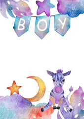 Watercolor baby boy nursery illustration. Hand-painted cute jungle zebra