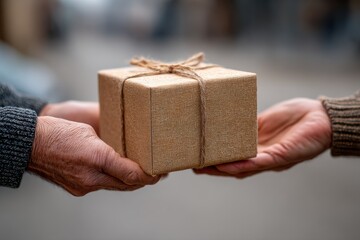 Two hands exchanging a wrapped gift in an outdoor setting during daylight