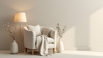 Cozy interior arrangement of armchair, soft blanket, floor lamp, and decorative vases against a simple backdrop.
