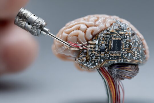 Innovative neural interface concept with circuitry integrated into a brain model showcasing technological advancement