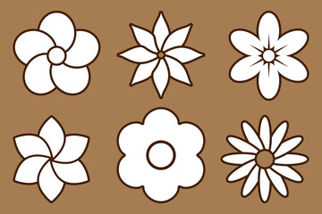  Set of cute minimalist flower icons in flat and outline style. Ideal for kids design, stickers, scrapbooking, and modern spring-themed graphic projects.