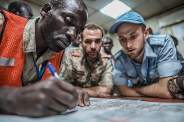 Collaborative planning session among aid workers discussing strategies in an emergency response center
