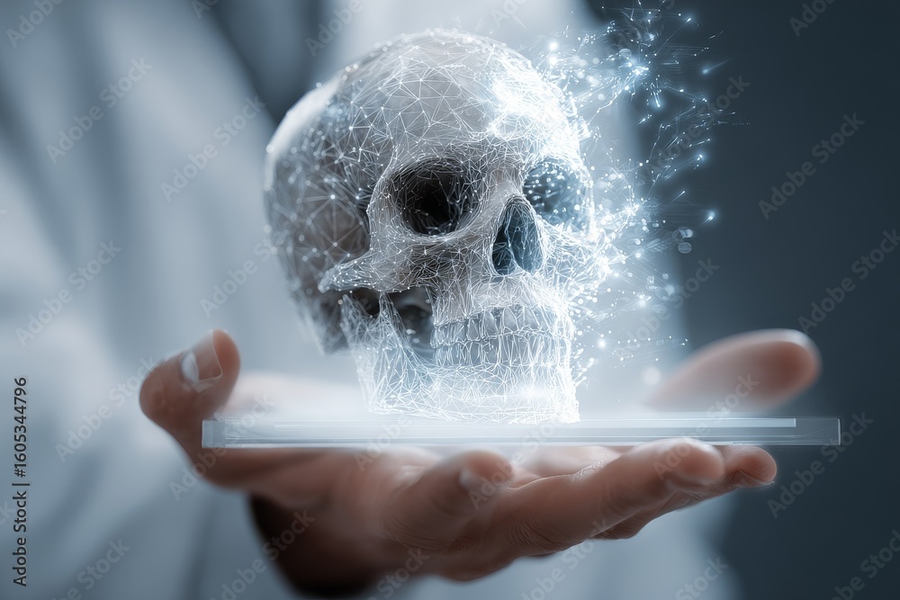 Poster digital skull model displayed in hand with glowing particles representing technology and art in mode