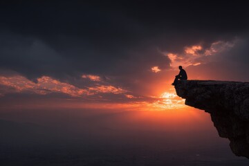 Silhouette of a person sitting on a cliff edge during a vibrant sunset in a dramatic sky