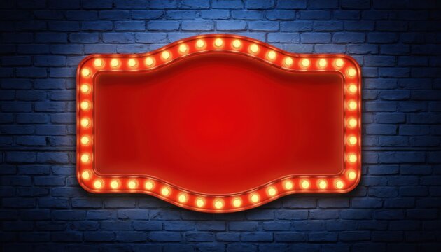 Retro red signboard with illuminated light bulbs on dark blue brick wall. Vintage marquee sign frame for casino, theater, circus, cinema announcements. Blank space for text, classic advertising