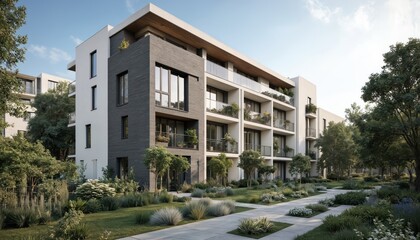 Contemporary apartments feature large windows, balconies, gardens. Modern urban living in well-maintained residential complex with pathways. Sunny day new building development with vibrant green