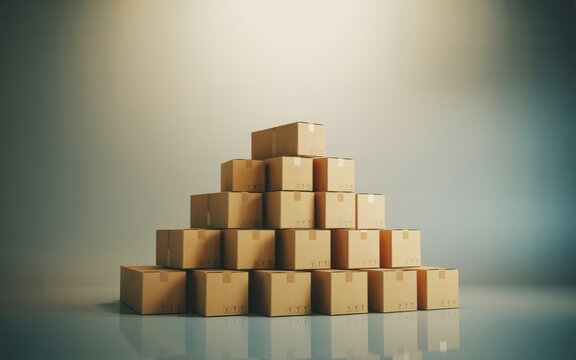 A Pyramid of Cardboard Boxes Stacked High in a Studio, Representing Logistics and Shipping