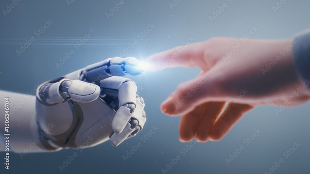 Fototapete Futuristic Concept of Humanity and Artificial Intelligence Collaboration: Visualization of Humanoid Robot and Human Touching Fingertips, Creating Glowing Light. People and Robots Working Together.