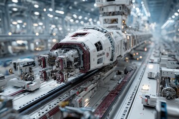 Advanced manufacturing process of futuristic spacecraft in a high-tech assembly facility