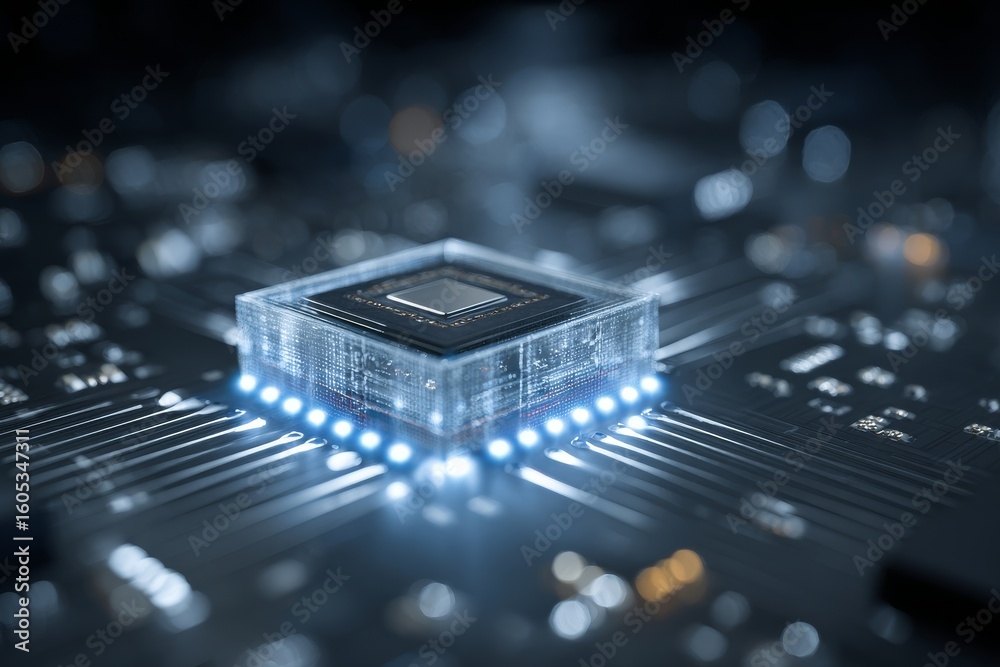 Poster close-up view of a microchip illuminated by led lights on a circuit board showcasing advanced techno