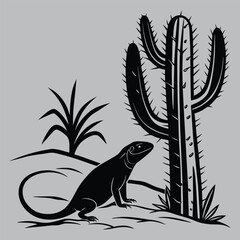 Lizard hiding under cactus silhouette vector design art and illustration