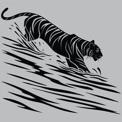 Tiger swimming across river at sunset silhouette vector design art and illustration
