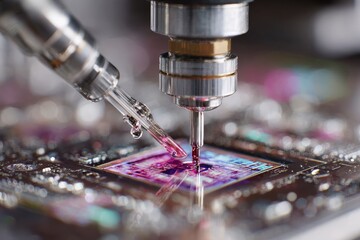 Precision application of liquid on a microchip during advanced electronics manufacturing process
