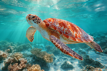 Fototapeta premium Close-up of sea turtle swimming near coral reef in New Florida, clear turquoise water, vibrant marine life, sunlight beams through water