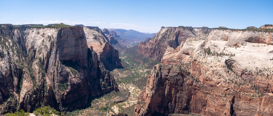 Panoramic view from Observation Point overlooks Zion Canyon&rsquo;s massive cliffs and deep valley floor, with snowy rock layers visible, June 5, 2021, Zion, UT