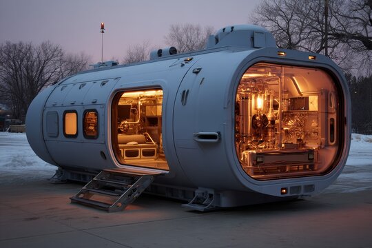 Innovative underwater research vessel showcased at dusk in a snowy environment with glowing lights
