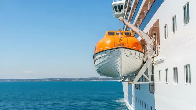 Cruise Ship Lifeboat Suspended Over Blue Ocean with Coastal Horizon Under Clear Sky