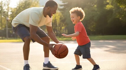 A man and a child playing basketball on an outdoor court in the sunshine with trees in the background - Powered by Adobe