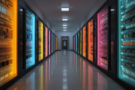 Vibrant corridor of illuminated server racks in a modern data center at twilight, showcasing advanced technology and design