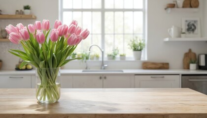 Bright pink tulips in clear vase on wooden table. Fresh floral arrangement fills kitchen counter. White blossoms, green stems, soft daylight from window. Springtime home decor, natural domestic