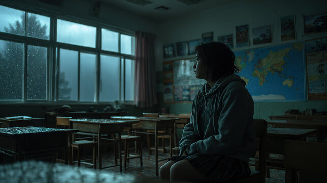 A pensive woman sits alone in a classroom, lost in thought on a rainy day, creating a somber mood.