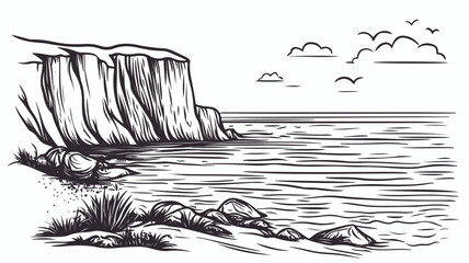 Obraz premium Picturesque Coast Vector Illustration with Cliffs and Rocks for Creative Projects