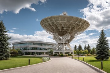 Satellite dish and modern building situated in a green landscape under a cloudy sky