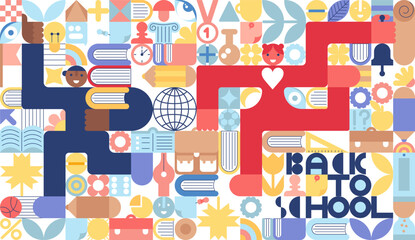 Back to school. Students, Backpacks, school items, stationery, books  cartoon style.  Simple Geometry Vector design for study, school, university