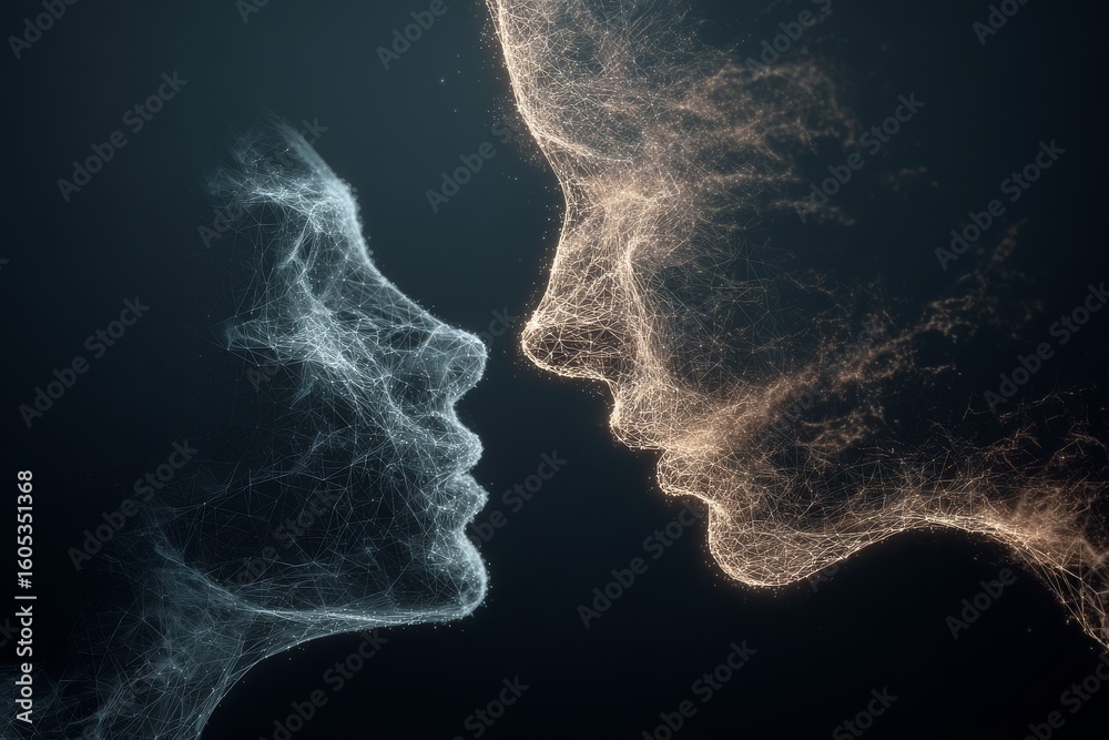 Poster two abstract silhouettes merge in a captivating display of light and lines representing connection a