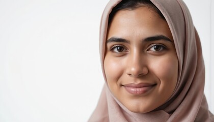 Young Muslim woman in hijab, representing healthcare services, smiles gently against clean white background. Portrait conveys professionalism, confidence, dedication to service, promoting